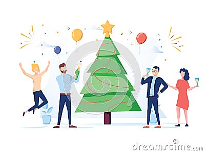 Business People Celebrating New Year 2019 Party. Flat Characters in Santa Hat Toasting Champagne. Christmas Eve Vector Illustration