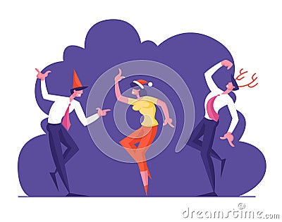 Business People Celebrating New Year Party in Office. Joyful Characters in Santa Claus Hats and Deer Horns Vector Illustration