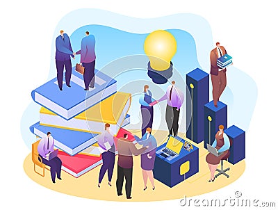 Business people character work teamwork, creative deal brainstorm light bulb 3d isometric vector illustration, isolated Vector Illustration