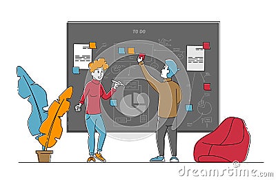 Business People Characters Put Stick Notes and Painting Graphs on Scrum Board Create Task Strategy of Project Management Vector Illustration