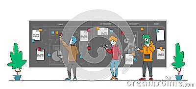 Business People Characters Working with Graphs at Scrum Board Develop Plan and Stick Notes on Workwall Create Strategy Vector Illustration