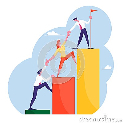 Business People Climbing Up Financial Graph and Chart Stairs Set Up Flag on Top. Career Ladder with Characters Vector Illustration