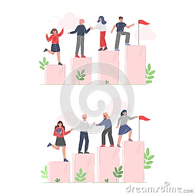 Business people climbing up stairs. Goal achievement and teamwork flat vector illustration Vector Illustration