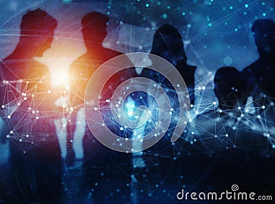 Business people collaborate together in office. Internet connection effects. Double exposure effects. Stock Photo