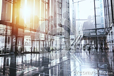 Business people collaborate together in office. Double exposure effects. Corporation, corporate. Stock Photo