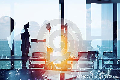 Business people collaborate together in office. Internet connection effects. Double exposure Stock Photo