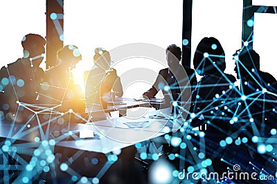 Business people collaborate together in office. Internet connection effects. Double exposure effects. Stock Photo