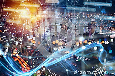 Business people collaborate together in office. Internet connection effects. Double exposure Stock Photo