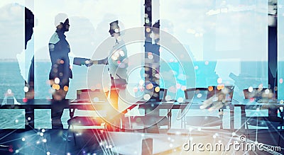 Business people collaborate together in office. Internet connection effects. Double exposure Stock Photo