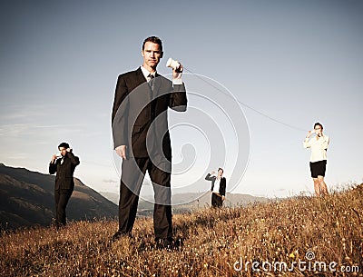 Business People Communicate Paper Cup Phone Outdoors Concept Stock Photo