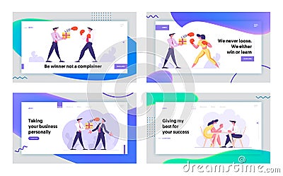 Business People Competition Website Landing Page Set. Woman Fighting with Man Holding Box with Pop Up Boxing Glove Vector Illustration