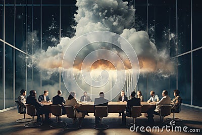 Business people in conference room with cloud explosion above them. Mixed media, A boardroom with executives brainstorming, AI Stock Photo