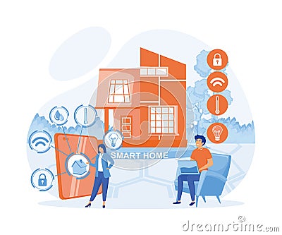 Business people controlling smart house devices with tablet and laptop. Vector Illustration