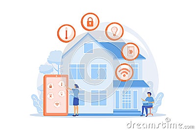 Business people controlling smart house devices with tablet and laptop. Smart home devices, Vector Illustration