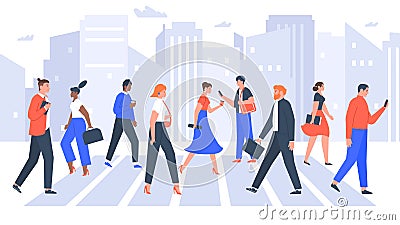 Business people cross road. People in city crosswalk, office workers walking on crowded. Businessman and businesswoman Vector Illustration