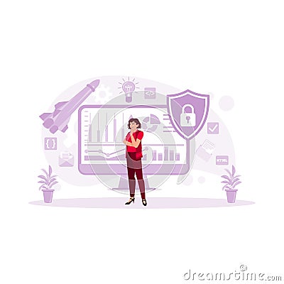 Business, people, development, and startup concept. Woman standing in front of computer. Full Stack Concept. Vector Illustration