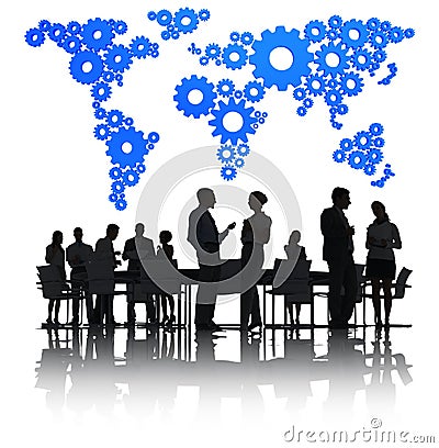 Business People Discussing And A Blue Cartography Stock Photo