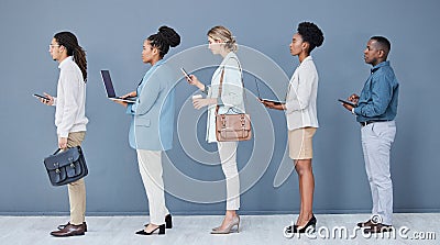 Business people, diversity and job interview waiting in queue, recruitment line or hr technology row. Vacancy, men and Stock Photo