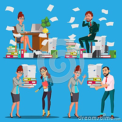 Business People Doing Paperwork Vector. Office Workers. Very Busy Day. To Excessive Work. Accounting Bureaucracy Vector Illustration