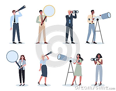 Business people in formal office clothes holding a spyglass, telescope Vector Illustration