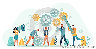 Business people with gears. Employee team create mechanism with cogs, manager with megaphone. Tiny person teamwork Vector Illustration