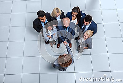 Business People Group Boss Hand Shake Welcome Gesture Top Angle View, Businesspeople Team Handshake Stock Photo