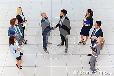 Business People Group Boss Hand Shake Welcome Gesture Top Angle View, Businesspeople Team Handshake Sign Contract Stock Photo
