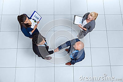 Business People Group Boss Hand Shake Welcome Gesture Top Angle View, Businesspeople Team Handshake Stock Photo