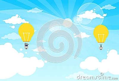 Business People Group Fly Air Balloon Light Bulb Vector Illustration