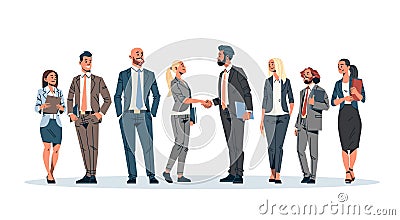 Business people group hand shake agreement communicating concept businessmen women team leader meeting male female Vector Illustration