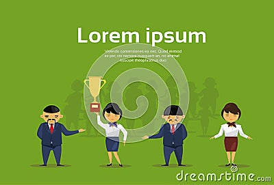 Business People Group Hold Golden Cup Successful Team Winners Asian Businesspeople Victory Concept Vector Illustration