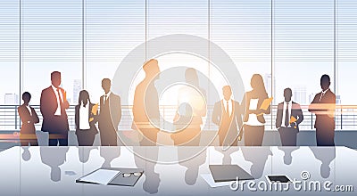 Business People Group Meeting Silhouettes Modern Office Building Interior Panoramic Vector Illustration