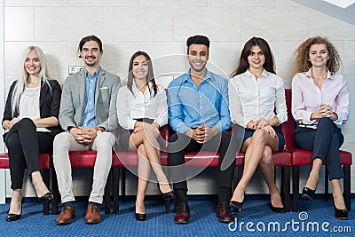 Business People Group Meeting Sitting In Line Queue, Businesspeople Crowd Recruitment Waiting for Job Interview Stock Photo