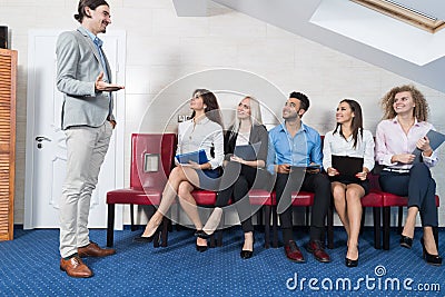 Business People Group Meeting Sitting In Line Queue, Businesspeople Recruitment Waiting for Job Interview Candidate Stock Photo