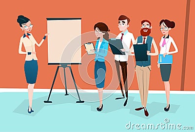 Business People Group Presentation Flip Chart, Businesspeople Team Training Conference Meeting Vector Illustration