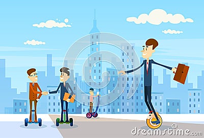 Business People Group Ride Segway Electric Scooter Modern Transport Over Big City Background Flat Vector Illustration