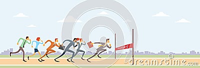 Business People Group Run To Finish Line Team Leader Competition Vector Illustration