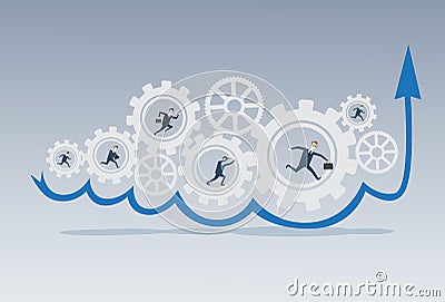 Business People Group Running In Cog Wheel Work Together Brainstorming Process Strategy Concept Vector Illustration