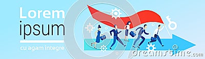 Business people group running team leader holding red flag arrow competition businessmen women race concept successful Vector Illustration