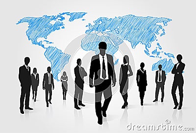 Business People Group Silhouette Over World Global Vector Illustration