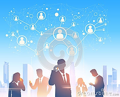 Business People Group Silhouettes Over City Landscape Modern Office Social Network Vector Illustration