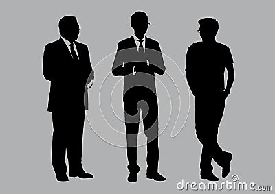 Business people group silhouettes pose on grey colour background, flat line vector and illustration. Vector Illustration