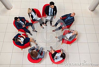 Business People Group Sit Chairs In Circle Top Angle View, Businesspeople Meeting Stock Photo