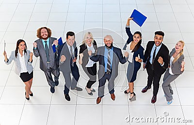 Business People Group Successful Excited Team Top Angle View, Businesspeople Happy Smile With Raised Hands Stock Photo