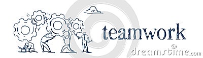 Business people group twisting gear wheel working together process strategy concept sketch doodle banner Vector Illustration