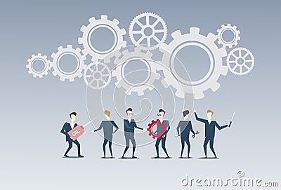 Business People Group Under Cog Wheel Work Together Brainstorming Process Strategy Concept Vector Illustration