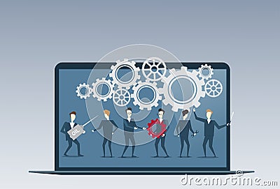 Business People Group Under Cog Wheel Work Together Brainstorming Process Strategy Concept Vector Illustration