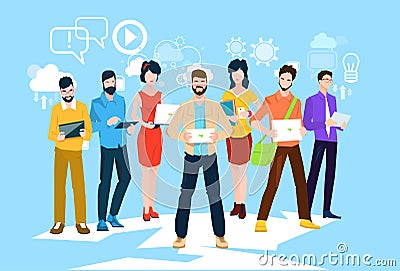 Business People Group Using Electronic Computer Digital Device Programmers Teamwork Vector Illustration