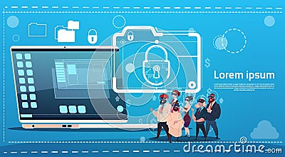 Business People Group Wear Digital Virtual Reality Glasses Laptop Lock Data Protection Concept Vector Illustration