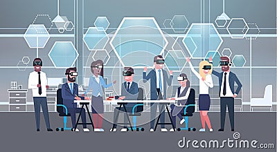 Business People Group Wearing Vr Headset During Brainstorming, Team In 3d Glasses On Meeting Virtual Reality Technology Vector Illustration